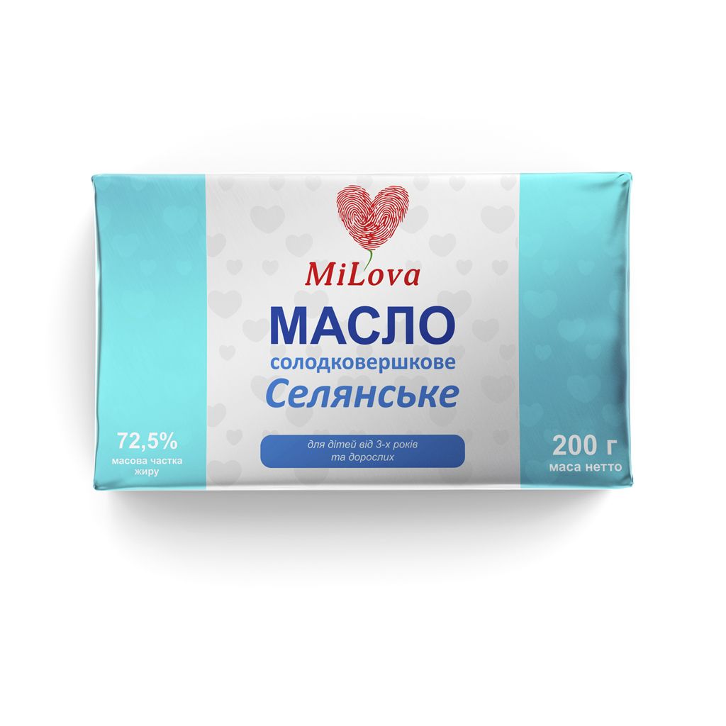 Масло солодковершкове Селянське MiLova 72.5%, 200 г